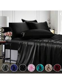 4 Pcs Smooth Satin Silk Sheet Set Deep Pocket Bed Sheet Wrinkle Fade Resistant - 黑色 - 查看 5
