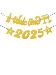 欢迎 2025 标志新年派对横幅，闪光香槟星装饰庆祝 2025 年新年悬挂花环彩旗装饰，新年派对背景用品 - 彩色 - 查看 10