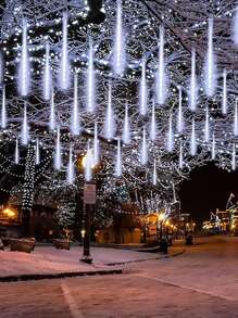 1pc Solar Outdoor Christmas Lights, Solar Rain String Lights, 8 Light Tubes 192LED Meteor Shower Lights, Rain, Snow Fall Icicle Cascade Lights For Christmas Decoration Wedding Party Lights, 2pcs/4pcs Solar Outdoor Lights, LED Decorative Solar Garden Lights