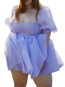 Women Summer Puffy Dress, Solid Color Square Neck Bubble Sleeve One-Piece Short Dress For Ladies, Pink/Purple/Yellow - Purple - View 1