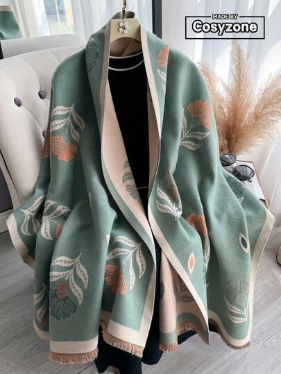 1 件女士仿羊绒花卉提花针织保暖围巾/披肩，秋冬季百搭配饰，适合装饰