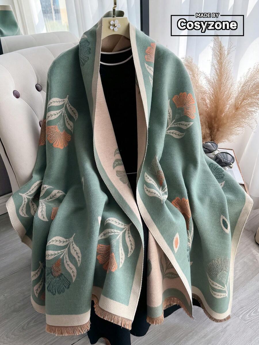 1 件女士仿羊绒花卉提花针织保暖围巾/披肩，秋冬季百搭配饰，适合装饰 - 淺綠色 - 查看 1