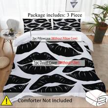 Bộ 3 vỏ chăn in họa tiết đôi môi đen theo phong cách Bắc Âu (1 vỏ chăn + 2 vỏ gối, không có lõi), chủ đề không gian lãng mạn, - Độ mềm mại sang trọng, thoải mái thoáng khí, hoàn hảo cho phòng ngủ và phòng khách, thoải mái, không gây dị ứng và dễ chăm sóc, phù hợp với mọi mùa - Đen và trắng - Xem 5