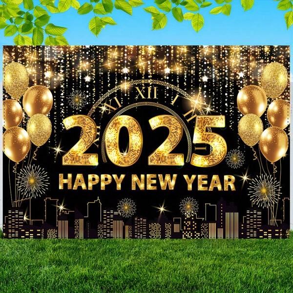 1pc 2025 New Year Decoration Banner - Black Golden Happy New Year Theme, 70.8in X 47.3in, Polyester Material, Suitable For Indoor And Outdoor Use, With Easy-Care Instructions, For Holiday Celebrations / Home & Party Decor, All Users
