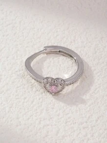 1 件可爱粉色锆石心形戒指，银色珠宝，情人节送给女士的礼物 - 彩色 - 查看 2