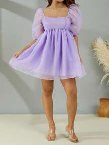 Women Summer Puffy Dress, Solid Color Square Neck Bubble Sleeve One-Piece Short Dress For Ladies, Pink/Purple/Yellow - Purple - View 6