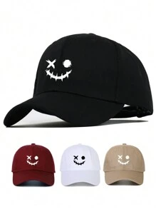 男女通用街头风格趣味笑脸图案印花棒球帽，可调节户外遮阳帽，休闲运动帽，适合日常通勤 - 彩色 - 查看 1