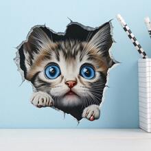 1 件创意 3D 墙壁破壁贴花，撕下即可粘贴可爱猫咪墙贴，可移除动物墙贴适用于浴室卧室客厅办公室居家房间装饰 - 彩色 - 查看 6