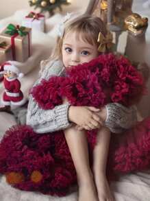 1 件年轻女孩可爱优雅少女甜美彩虹色重饰花卉荷叶边芭蕾舞裙、派对和沙滩裙、适合所有季节、生日礼物 - 酒紅色 - 查看 2