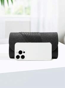 女士经典优雅褶皱手拿包，正式派对手拿包，闪亮单肩信封手提包-BLCAK - 黑色 - 查看 7