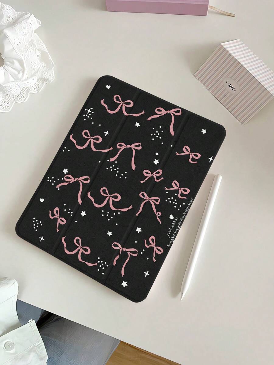 1入組漂亮粉色蝴蝶結設計矽膠平板電腦套，帶筆槽，可摺疊且抗震，支援睡眠/喚醒功能，適用於三星/華為/小米/iPad - 彩色 - 查看 1