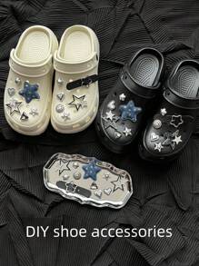 12 件可拆卸钻石镶嵌时尚星星、笑脸、心形时尚鞋饰，适用于沙滩鞋和镂空木屐 - 藍色 - 查看 1