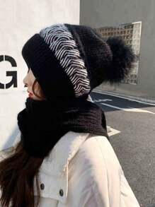 女士针织帽围巾套装，时尚百搭，保暖防风，适合秋冬季户外活动、滑雪、购物等场合，冬季配饰，冬季穿搭，情人节礼物