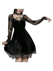 Women Gothic Dress Vintage Lace Grunge Punk Goth Dresses Casual Cosplay Party Cocktail Halloween - 黑色 - 查看 5