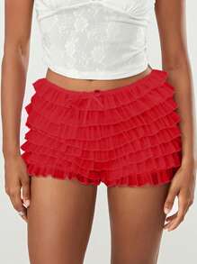 Women's Summer Ruffled Frilly Shorts, Multi-Layer Mesh Short Pants Sweet Cute Bloomers - Red - View 5