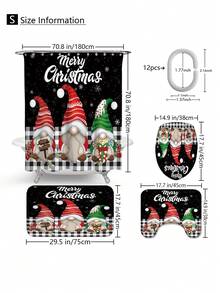 4 件套圣诞黑色雪花背景三个小矮人多功能装饰浴室防水浴帘，带 12 个挂钩、防滑浴室垫、U 型地垫和圆形马桶盖套装，适用于所有浴室场景 - 彩色 - 查看 3