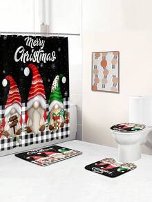 4 件套圣诞黑色雪花背景三个小矮人多功能装饰浴室防水浴帘，带 12 个挂钩、防滑浴室垫、U 型地垫和圆形马桶盖套装，适用于所有浴室场景 - 彩色 - 查看 6