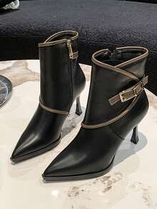 女士尖头细高跟短筒时尚拉链侧短靴，性感高跟鞋，百搭日常穿着 - 黑色 - 查看 1