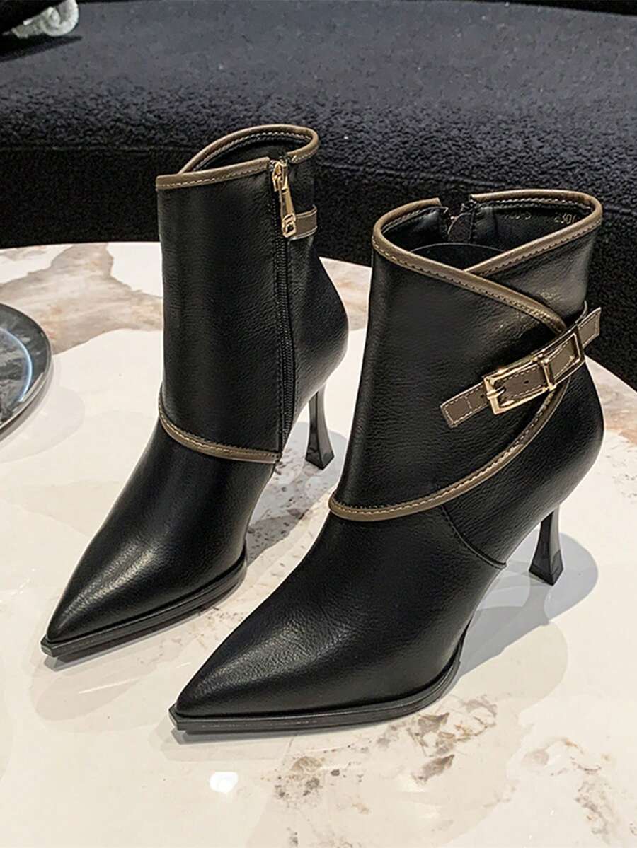 女士尖头细高跟短筒时尚拉链侧短靴，性感高跟鞋，百搭日常穿着 - 黑色 - 查看 1