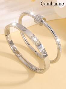 1/2/3件轻奢优雅，大气时尚不锈钢百搭旋转，单排水钻，爱心/花朵浮雕手链适合日常佩戴，节日女友情人节 - 銀色 - 查看 23