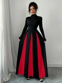 abyoxi 优雅圆领长袖黑杏色拼接修身A字连衣裙，适合婚礼、正式场合、约会、伴娘伴郎等场合，春季新款女装时尚 - 紅色 - 查看 1