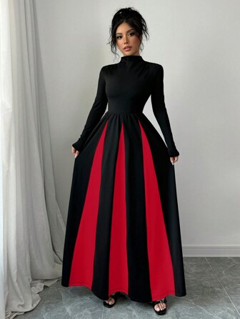 abyoxi Elegant Round-Neck Long Sleeve Black And Apricot Contrast Color Slim Waist A-Line Dress,Wedding Evening Party Dating,Formal Occasions,Wedding Guast,New Women's Clothing