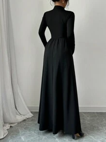 abyoxi 优雅圆领长袖黑杏色拼接修身A字连衣裙，适合婚礼、正式场合、约会、伴娘伴郎等场合，春季新款女装时尚 - 紅色 - 查看 2