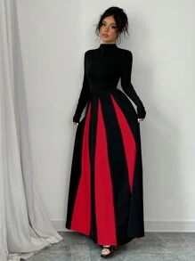 abyoxi 优雅圆领长袖黑杏色拼接修身A字连衣裙，适合婚礼、正式场合、约会、伴娘伴郎等场合，春季新款女装时尚 - 紅色 - 查看 4