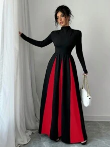 abyoxi 优雅圆领长袖黑杏色拼接修身A字连衣裙，适合婚礼、正式场合、约会、伴娘伴郎等场合，春季新款女装时尚 - 紅色 - 查看 5