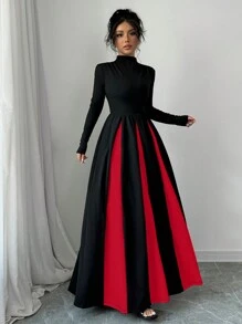 abyoxi 优雅圆领长袖黑杏色拼接修身A字连衣裙，适合婚礼、正式场合、约会、伴娘伴郎等场合，春季新款女装时尚 - 紅色 - 查看 3