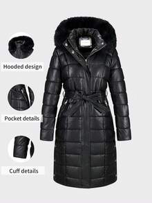 女士极简风连帽羽绒服，带口袋和毛领，适合秋冬季穿着 - 黑色 - 查看 1