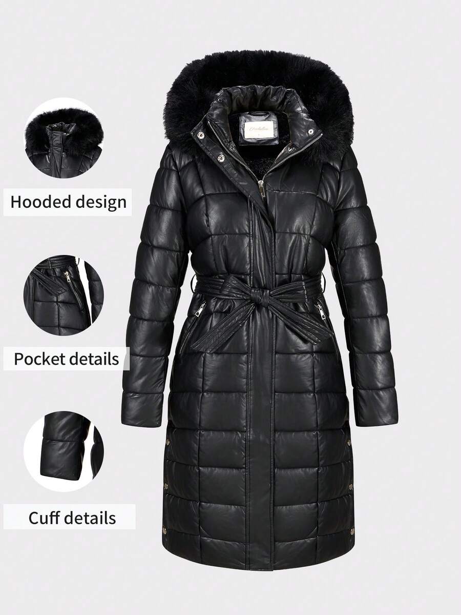 女士极简风连帽羽绒服，带口袋和毛领，适合秋冬季穿着 - 黑色 - 查看 1