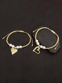 1 件情人节白珍珠 18k 镀金铜串珠手链，女士奢华珠宝，约会礼物 - 金色 - 查看 2