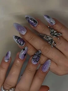 Bộ 24 móng tay dài hình quan tài hạnh nhân với họa tiết giọt nước bạc kim loại và thiết kế bướm đen, thủ công cho du lịch, tiệc tùng, mặc hàng ngày, ngày lễ, đa năng, bao gồm 1 gel thạch và 1 đệm - Nhiều màu - Xem 1