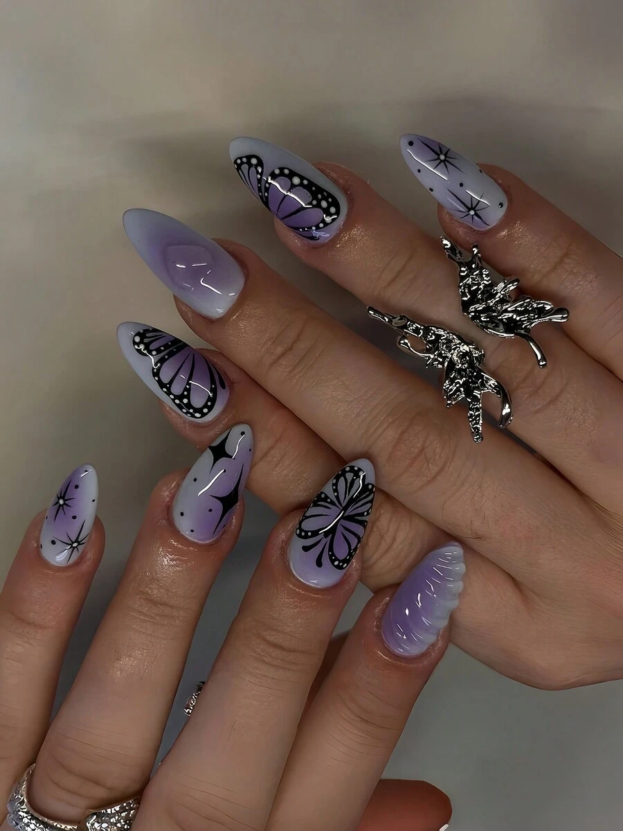 Bộ 24 móng tay dài hình quan tài hạnh nhân với họa tiết giọt nước bạc kim loại và thiết kế bướm đen, thủ công cho du lịch, tiệc tùng, mặc hàng ngày, ngày lễ, đa năng, bao gồm 1 gel thạch và 1 đệm - Nhiều màu - Xem 1