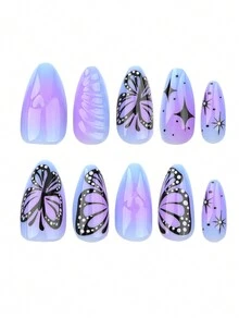 Bộ 24 móng tay dài hình quan tài hạnh nhân với họa tiết giọt nước bạc kim loại và thiết kế bướm đen, thủ công cho du lịch, tiệc tùng, mặc hàng ngày, ngày lễ, đa năng, bao gồm 1 gel thạch và 1 đệm - Nhiều màu - Xem 5