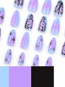 Bộ 24 móng tay dài hình quan tài hạnh nhân với họa tiết giọt nước bạc kim loại và thiết kế bướm đen, thủ công cho du lịch, tiệc tùng, mặc hàng ngày, ngày lễ, đa năng, bao gồm 1 gel thạch và 1 đệm - Nhiều màu - Xem 3