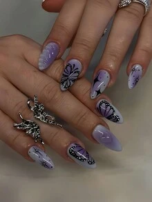 Bộ 24 móng tay dài hình quan tài hạnh nhân với họa tiết giọt nước bạc kim loại và thiết kế bướm đen, thủ công cho du lịch, tiệc tùng, mặc hàng ngày, ngày lễ, đa năng, bao gồm 1 gel thạch và 1 đệm - Nhiều màu - Xem 6