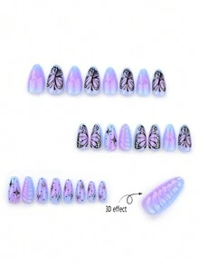Bộ 24 móng tay dài hình quan tài hạnh nhân với họa tiết giọt nước bạc kim loại và thiết kế bướm đen, thủ công cho du lịch, tiệc tùng, mặc hàng ngày, ngày lễ, đa năng, bao gồm 1 gel thạch và 1 đệm - Nhiều màu - Xem 4