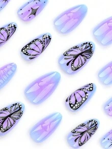 Bộ 24 móng tay dài hình quan tài hạnh nhân với họa tiết giọt nước bạc kim loại và thiết kế bướm đen, thủ công cho du lịch, tiệc tùng, mặc hàng ngày, ngày lễ, đa năng, bao gồm 1 gel thạch và 1 đệm - Nhiều màu - Xem 2