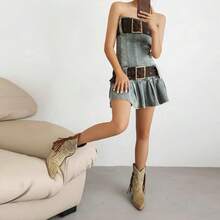 Ankle Cowboy Boots For Women Suede Snip Toe Chunky Heel Western Boots - Beige - View 4