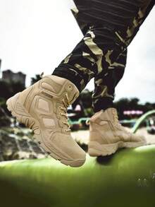 新款男士秋冬战术靴，户外军装风格，网眼和皮革鞋面，舒适衬里，经典厚底，厚底鞋跟，适合徒步旅行、钓鱼、露营、训练 - 米色 - 查看 4