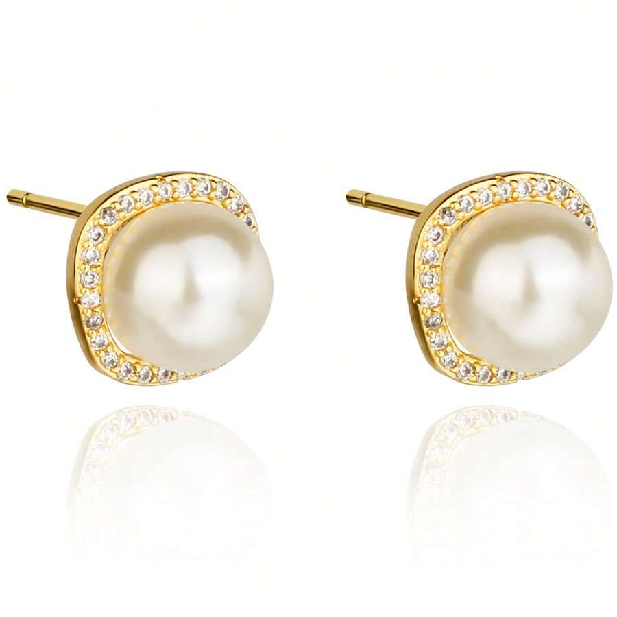 18K GOLD PLATED EARRING WITH ZIRCONIA STUDDED PEARL - Vàng - Xem 1