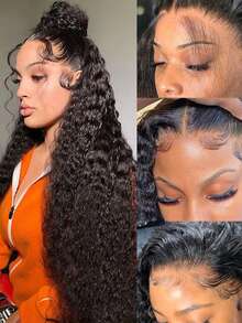 13x6 透明蕾丝前部假发 人发水波蕾丝前部假发 人发预拔 180% 密度湿发和波浪人发假发 适合婴儿头发自然色女性 - 黑色 - 查看 2