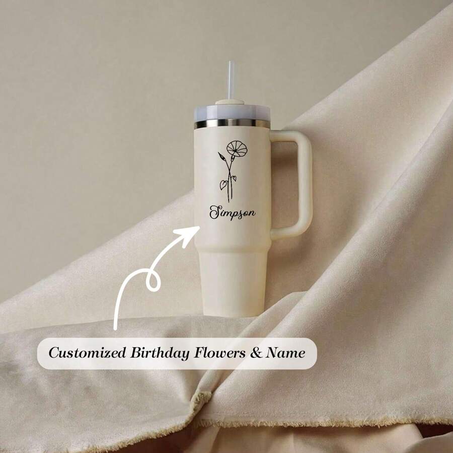 1 件定制生日花朵与名字 40 盎司不锈钢保温杯，带手柄和吸管 - 可让饮料保持数小时的冷热，耐用、防滑、易于清洁 - 送给女性/男性的独特生日礼物 - 多色 - 查看 1