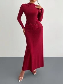 Đầm Maxi Dự Tiệc Sang Trọng Cổ Cao Nửa Tay Dài Hình Chữ V Xếp Ly Màu Đỏ Với Chất Liệu Vải Quyến Rũ, Hẹn Hò, Lãng Mạn, Đám Cưới, Quần Áo Mới Cho Nữ - Đỏ - Xem 1