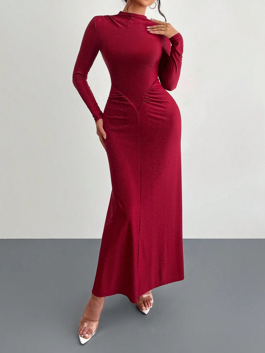 Đầm Maxi Dự Tiệc Sang Trọng Cổ Cao Nửa Tay Dài Hình Chữ V Xếp Ly Màu Đỏ Với Chất Liệu Vải Quyến Rũ, Hẹn Hò, Lãng Mạn, Đám Cưới, Quần Áo Mới Cho Nữ - Đỏ - Xem 1