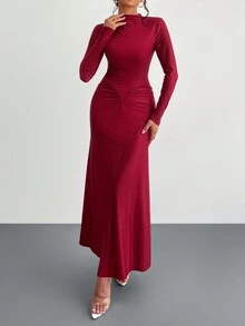 Đầm Maxi Dự Tiệc Sang Trọng Cổ Cao Nửa Tay Dài Hình Chữ V Xếp Ly Màu Đỏ Với Chất Liệu Vải Quyến Rũ, Hẹn Hò, Lãng Mạn, Đám Cưới, Quần Áo Mới Cho Nữ - Đỏ - Xem 4