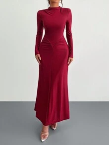 Đầm Maxi Dự Tiệc Sang Trọng Cổ Cao Nửa Tay Dài Hình Chữ V Xếp Ly Màu Đỏ Với Chất Liệu Vải Quyến Rũ, Hẹn Hò, Lãng Mạn, Đám Cưới, Quần Áo Mới Cho Nữ - Đỏ - Xem 3