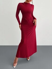 Đầm Maxi Dự Tiệc Sang Trọng Cổ Cao Nửa Tay Dài Hình Chữ V Xếp Ly Màu Đỏ Với Chất Liệu Vải Quyến Rũ, Hẹn Hò, Lãng Mạn, Đám Cưới, Quần Áo Mới Cho Nữ - Đỏ - Xem 5